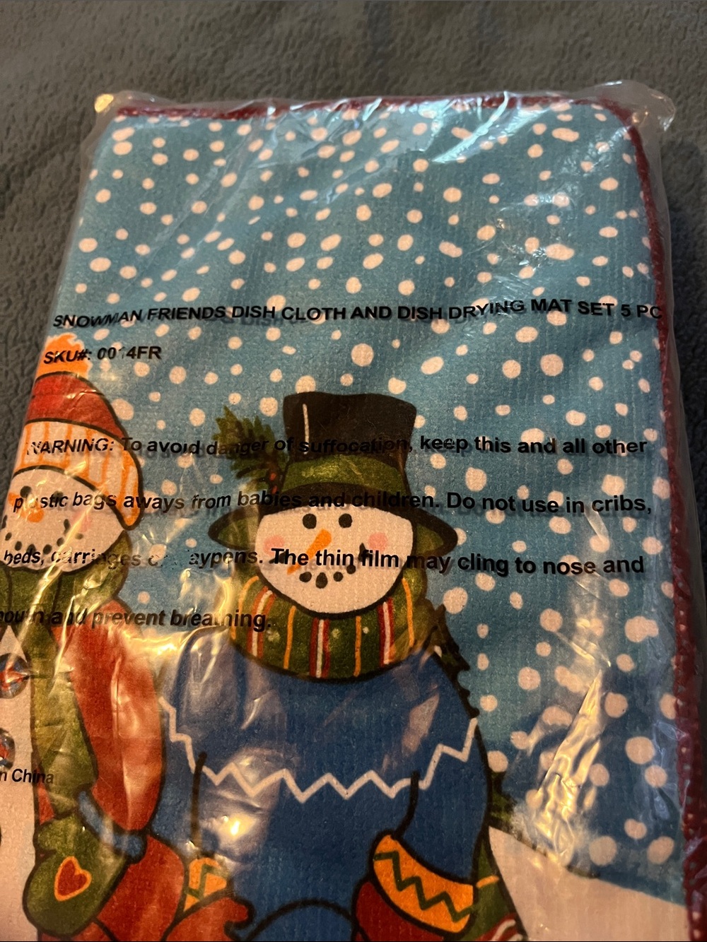 Snowman Friends Dish Cloth & Drying Mat - Blue with Polka Dots